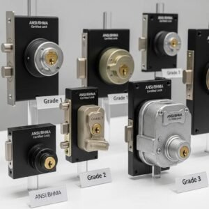 Variety of ANSI/BHMA certified locks showcasing Grade 1, Grade 2, and Grade 3 features
