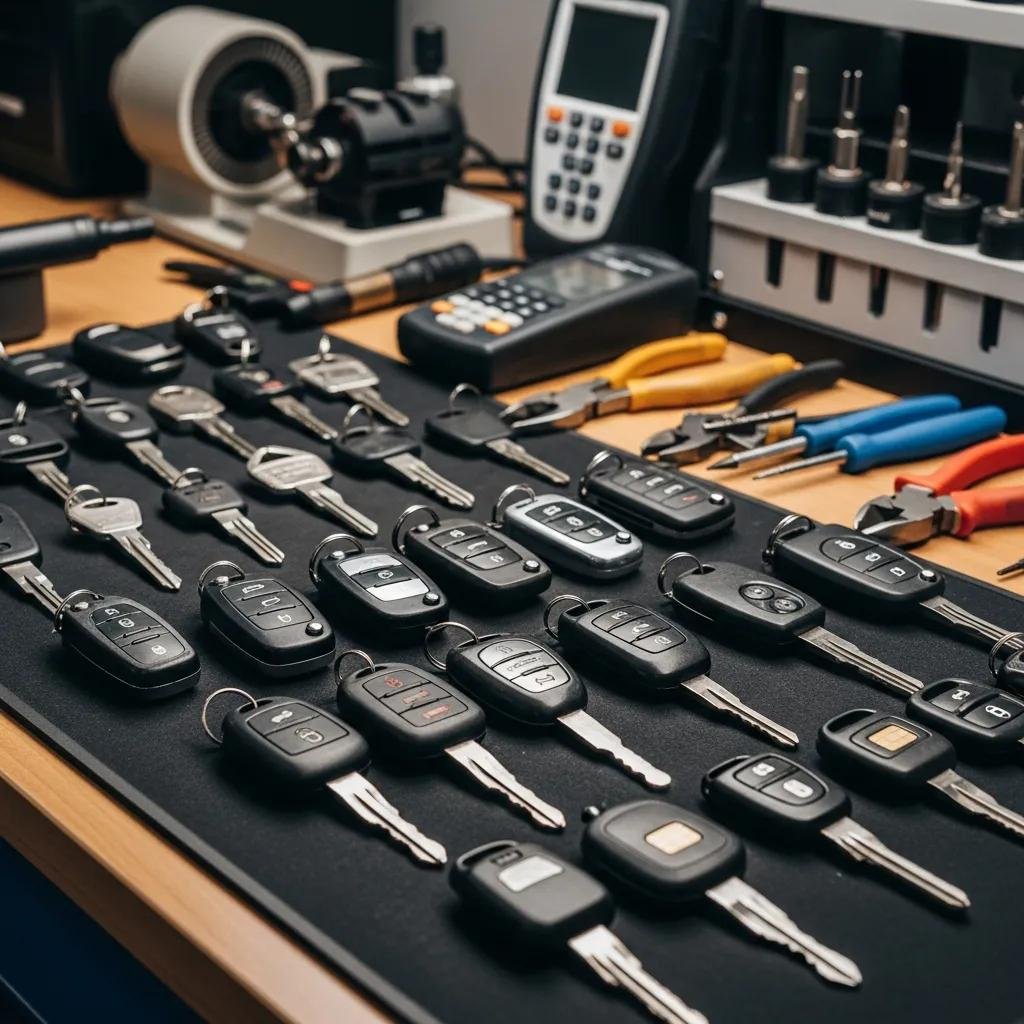 Variety of car keys, including traditional and transponder keys, on a locksmith's workbench, illustrating car key replacement services in Charlotte.