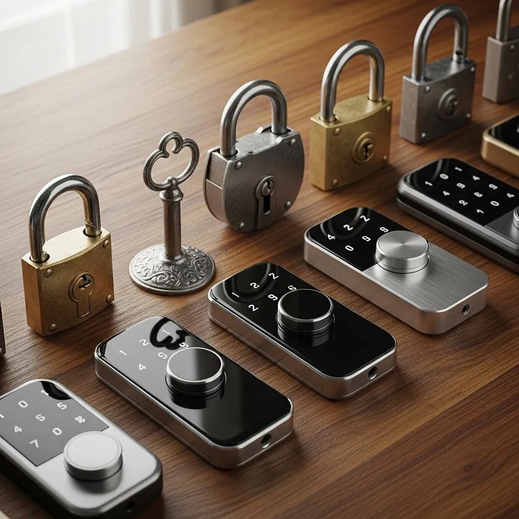 Variety of locks showcasing traditional and smart lock designs, emphasizing security and reliability