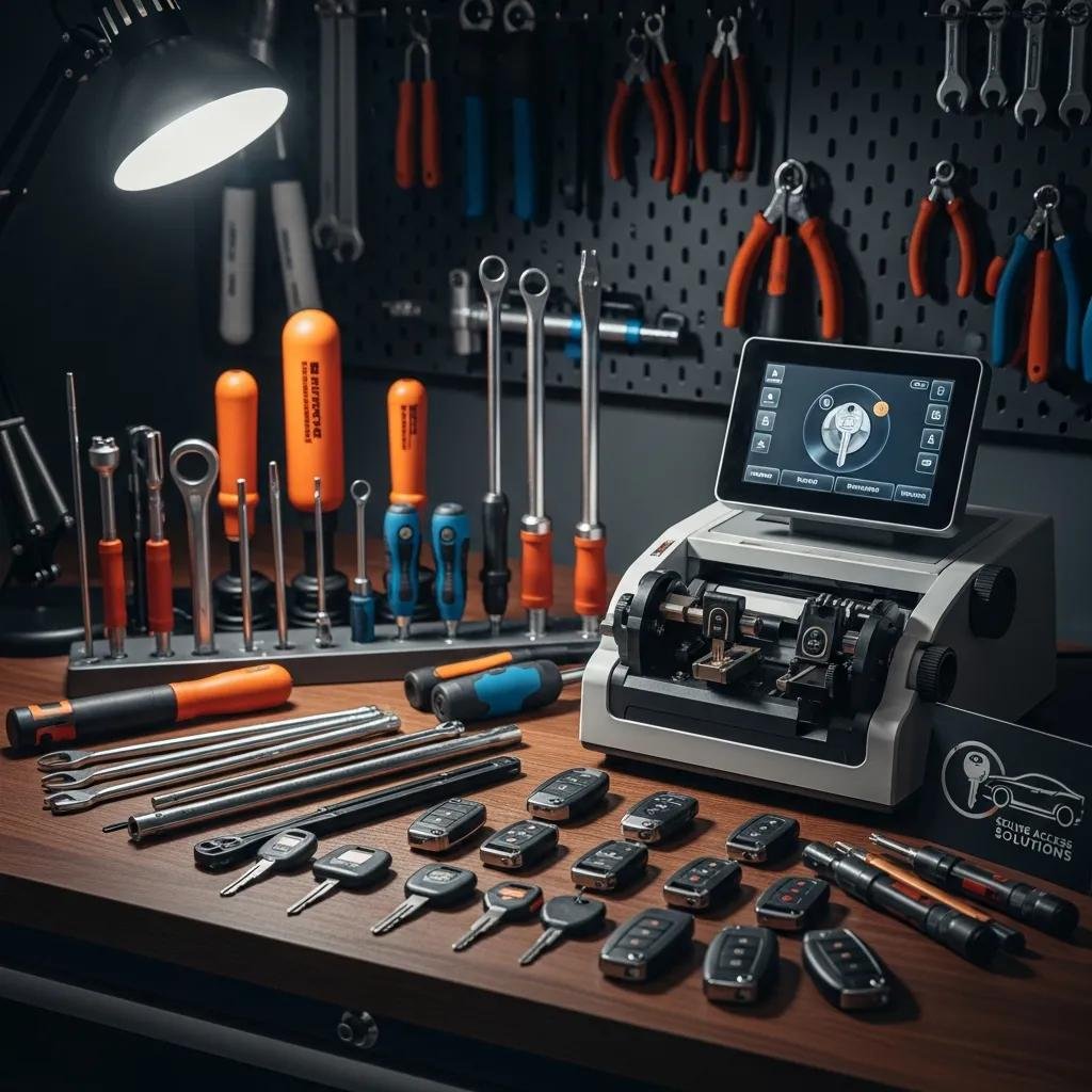 Variety of locksmith tools for car lockout solutions on a workbench