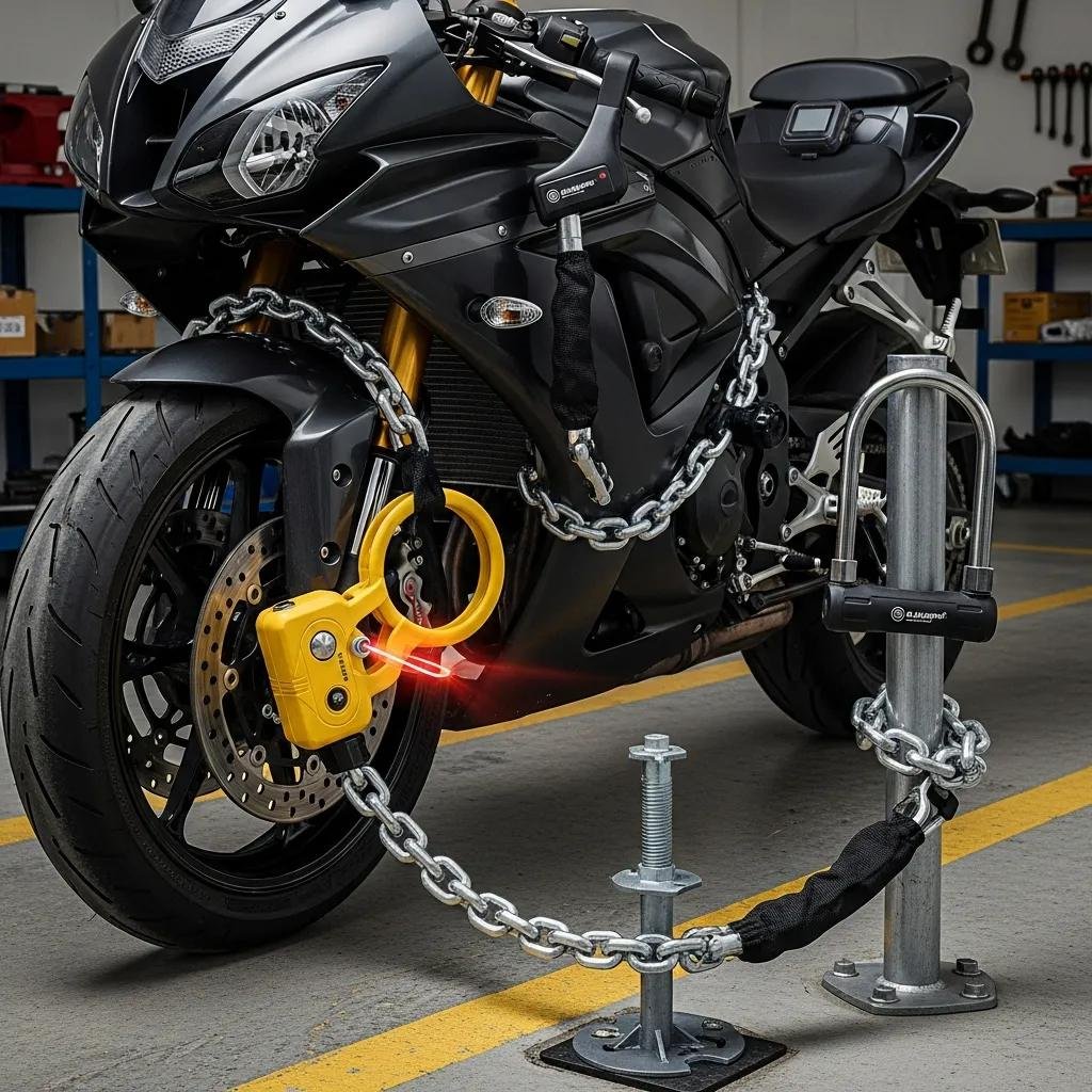 Variety of motorcycle security devices including disc locks, chain locks, and ground anchors, showcasing their effectiveness