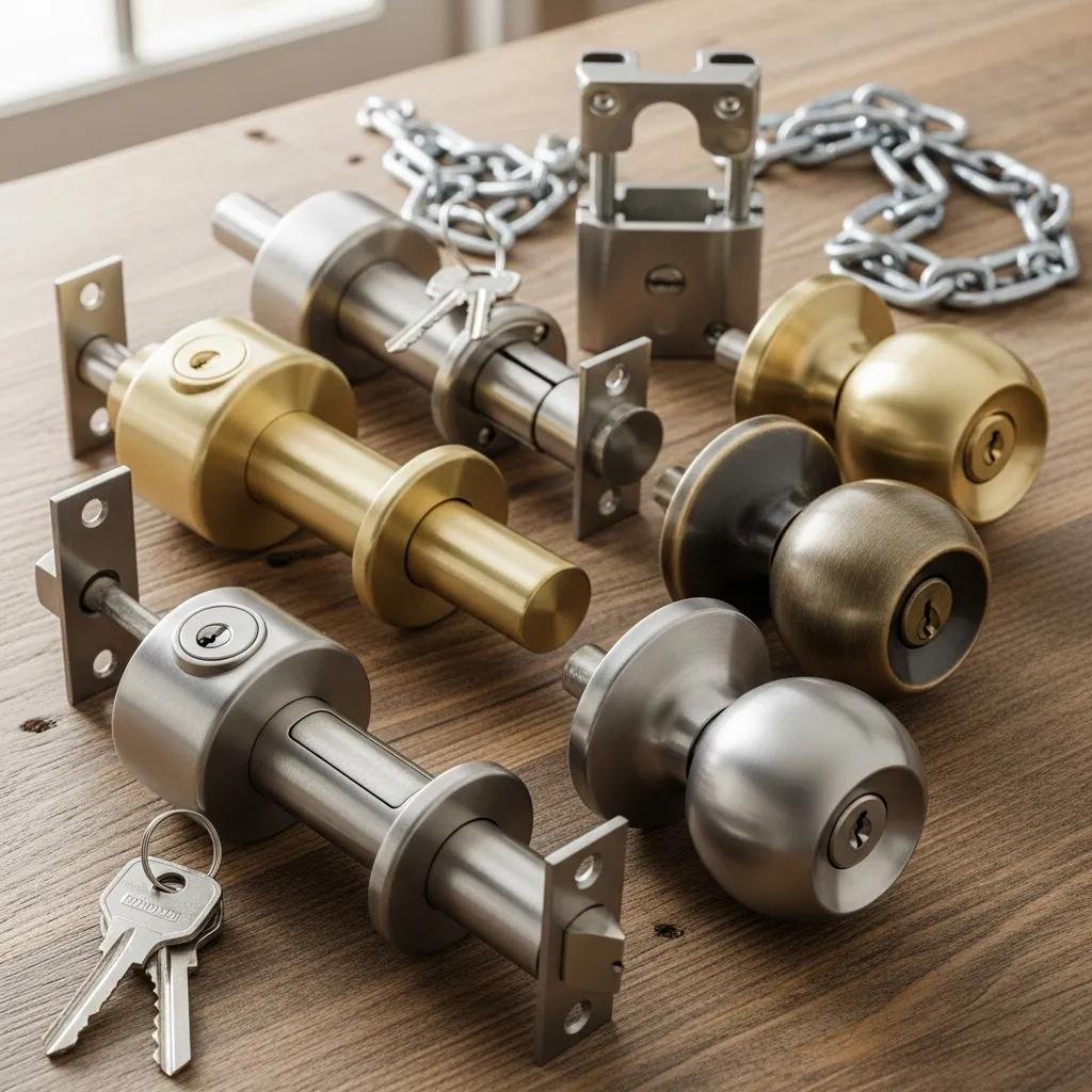 Variety of residential locks including deadbolts and knob locks, displayed on a wooden surface, with keys and a padlock, relevant to rekeying services in Charlotte, NC.