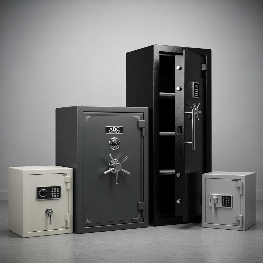 Variety of safes including residential, commercial, gun, and digital safes, illustrating types serviced in Charlotte