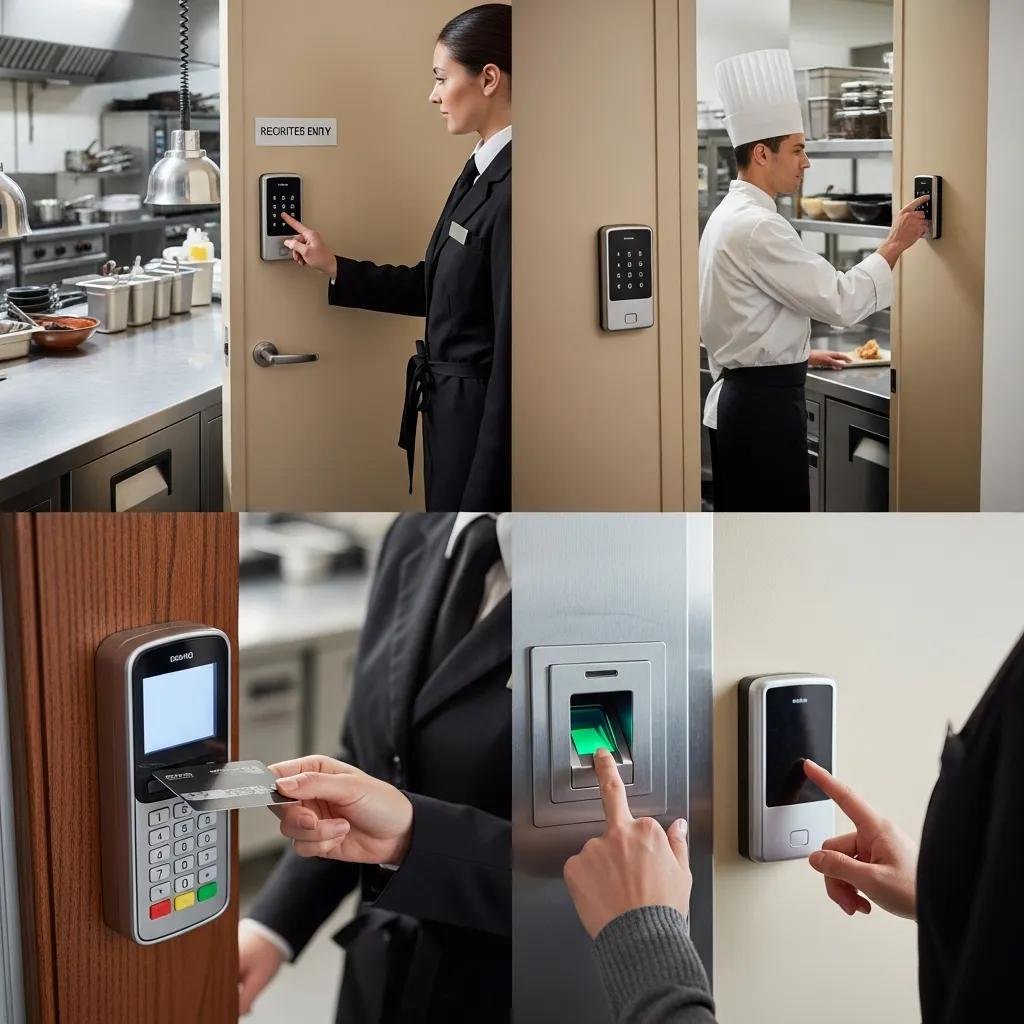 Various access control systems in a restaurant showcasing security technology