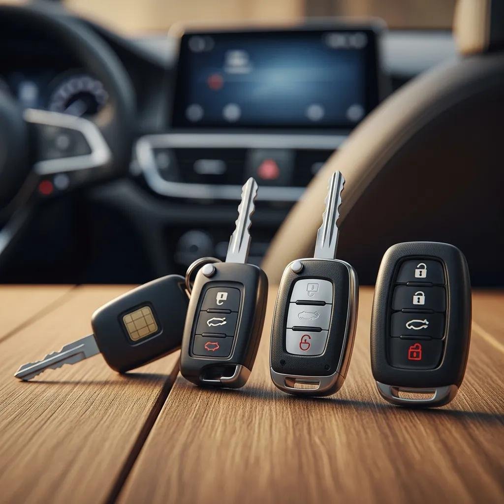 Various car keys including transponder, smart, and remote keys on a wooden table, emphasizing vehicle security and access