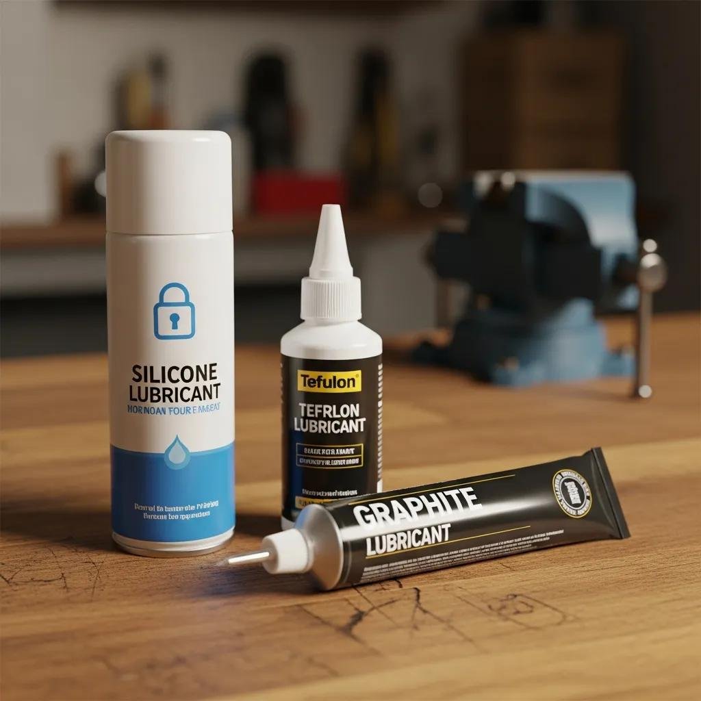 Various door lock lubricants including silicone, graphite, and Teflon on a wooden surface