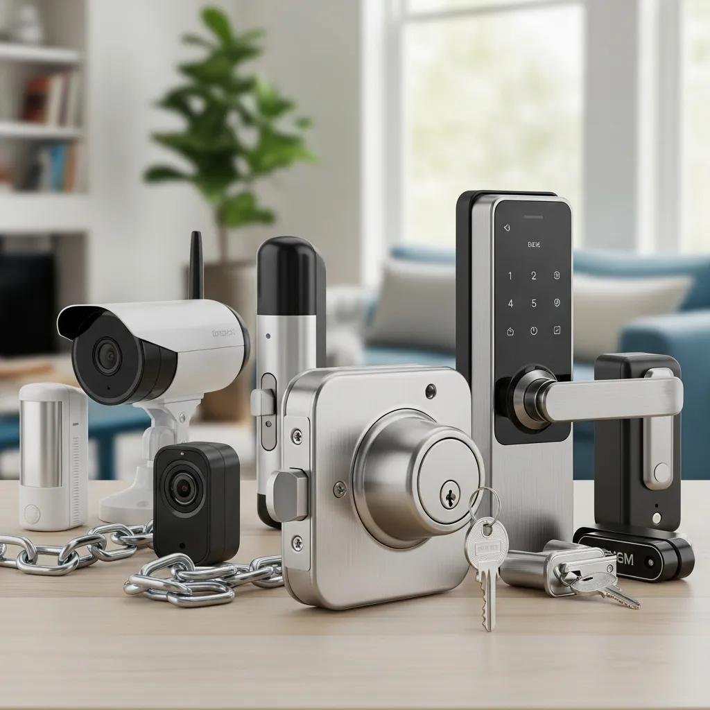 Various home security solutions including locks and cameras, emphasizing comprehensive security for homeowners