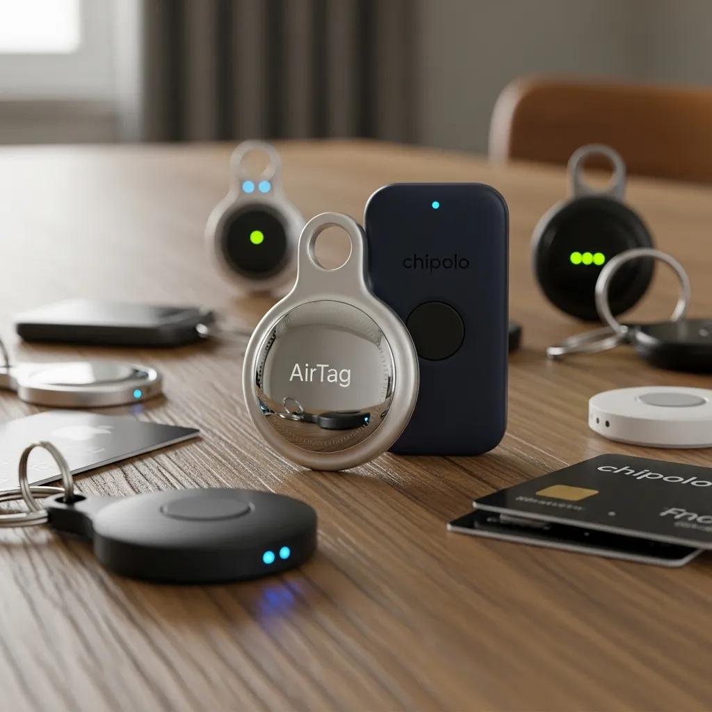 Various key finder devices including Bluetooth tracker and Apple AirTag, showcasing technology for key management