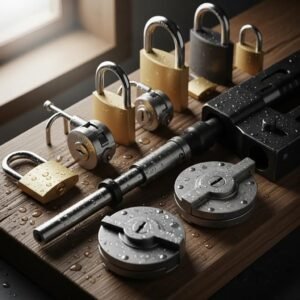 Various locks made from brass, stainless steel, and high-carbon steel arranged on a wooden surface, emphasizing durability and security