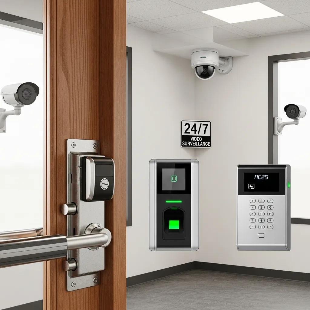 Various physical security measures including locks, access control, and surveillance systems in a commercial space