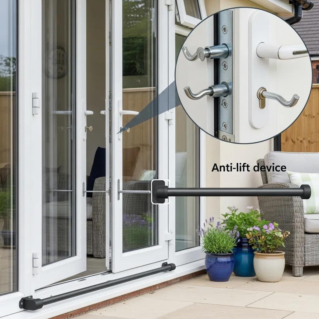 Anti-lift device securing French patio doors, enhancing security against forced entry, with visible locking mechanisms and outdoor seating area.