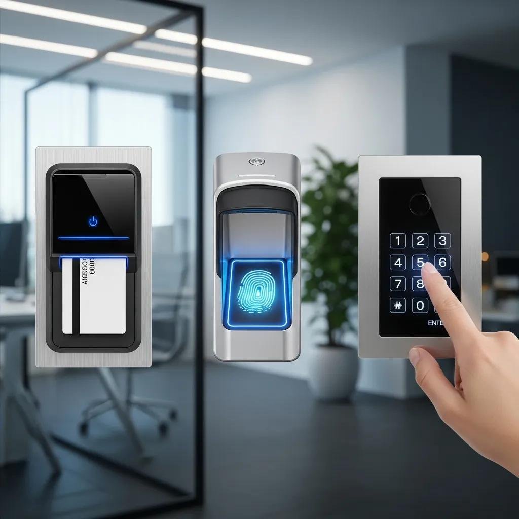 Various access control systems displayed, including a card reader, biometric scanner with fingerprint recognition, and keypad entry system, set in a modern office environment.