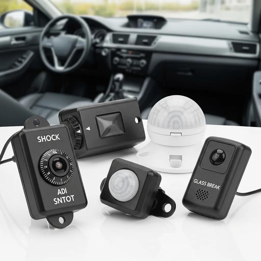 Various types of car alarm sensors including shock, motion, and glass-break sensors, highlighting their importance in vehicle security