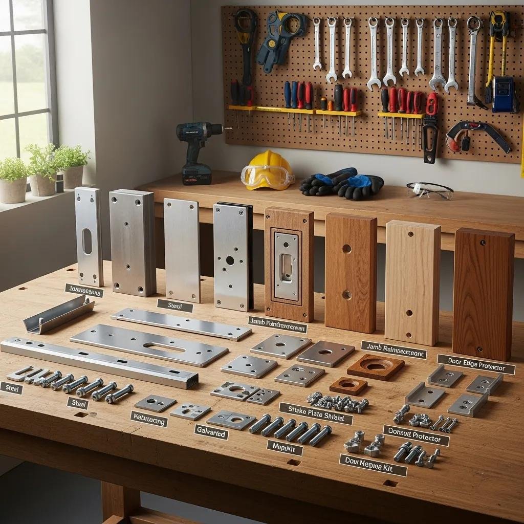 Various types of door reinforcement plates and kits displayed on a workbench
