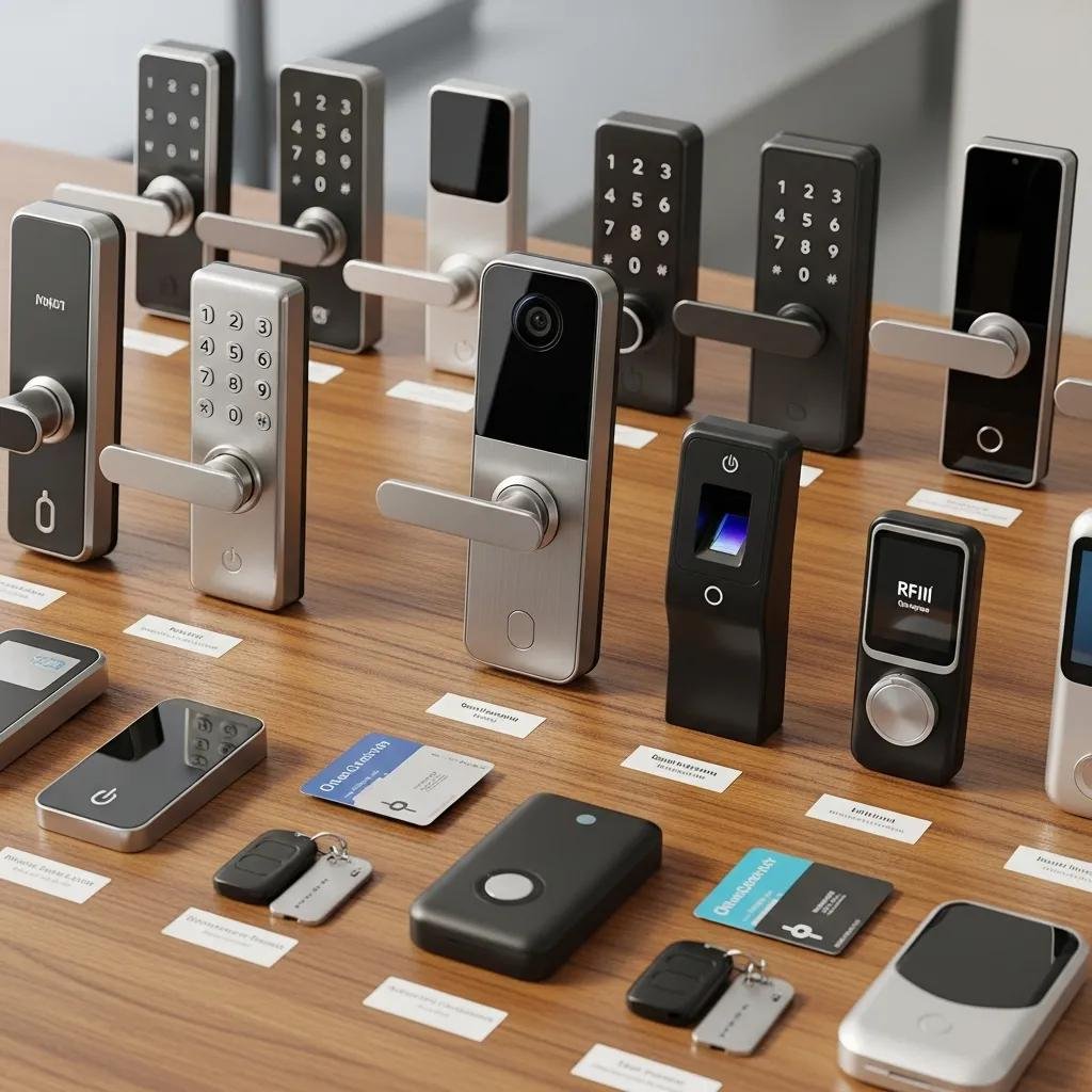 Various types of keyless entry systems displayed on a wooden surface, including smart locks, keypad locks, biometric locks, and RFID systems, showcasing modern security solutions for homes and businesses.
