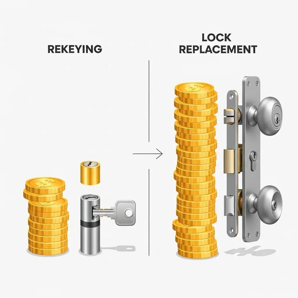 Visual comparison of rekeying and lock replacement costs, emphasizing affordability and value
