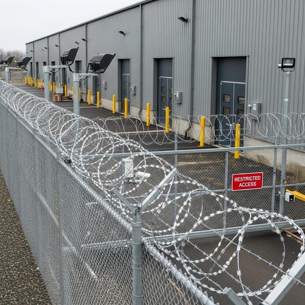 Warehouse perimeter secured with high fences, gates, and reinforced doors