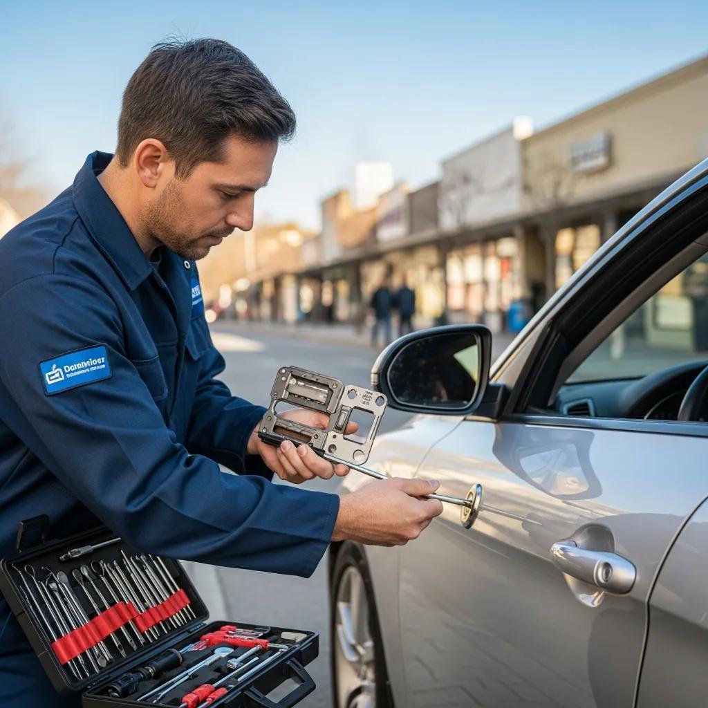 Automobile locksmith unlocking a car door, showcasing emergency services