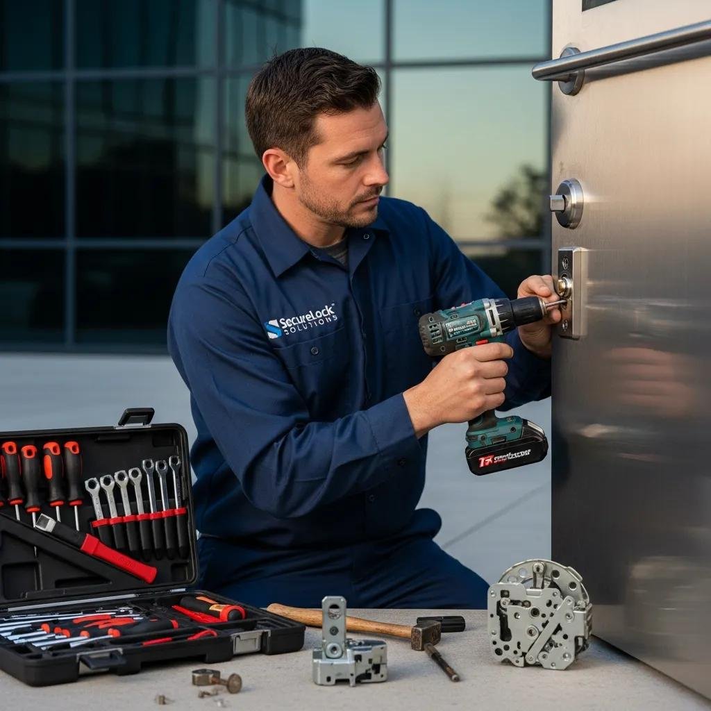 Commercial locksmith installing a high-security lock, emphasizing business security solutions
