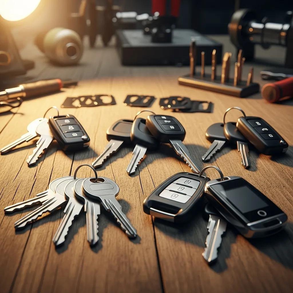 Different types of car keys displayed on a table, showcasing traditional, transponder, and smart key options