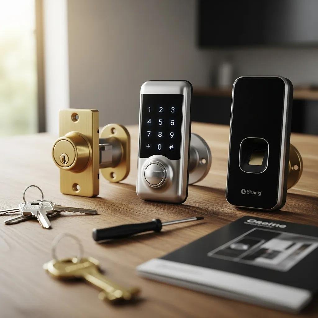 Different types of residential locks including deadbolt, electronic, and smart locks