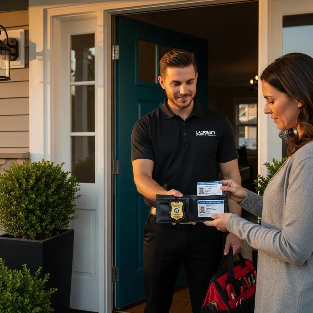 Homeowner consulting with a certified locksmith at their front door