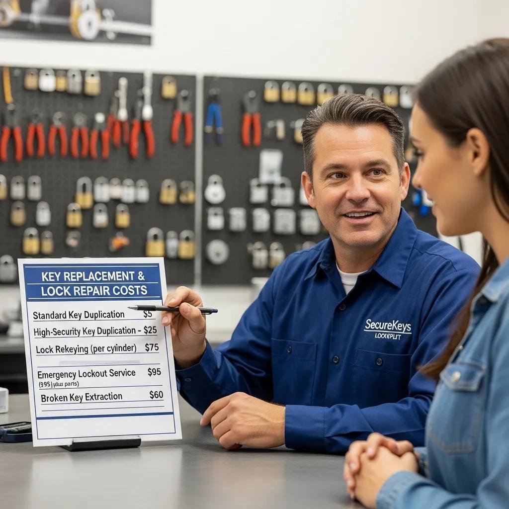 Locksmith discussing pricing for key replacement and lock repair services
