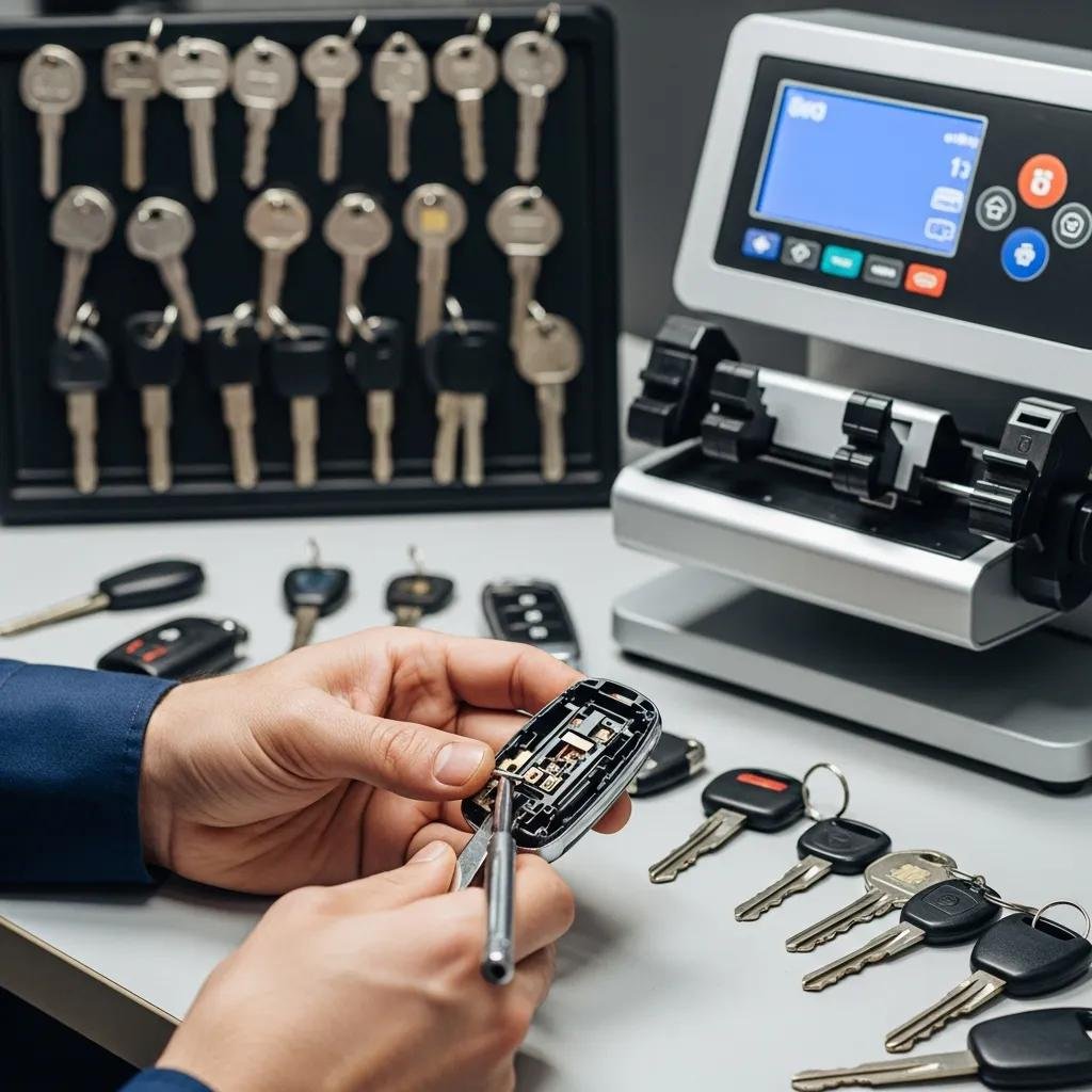 Locksmith performing car key replacement with key cutting tools