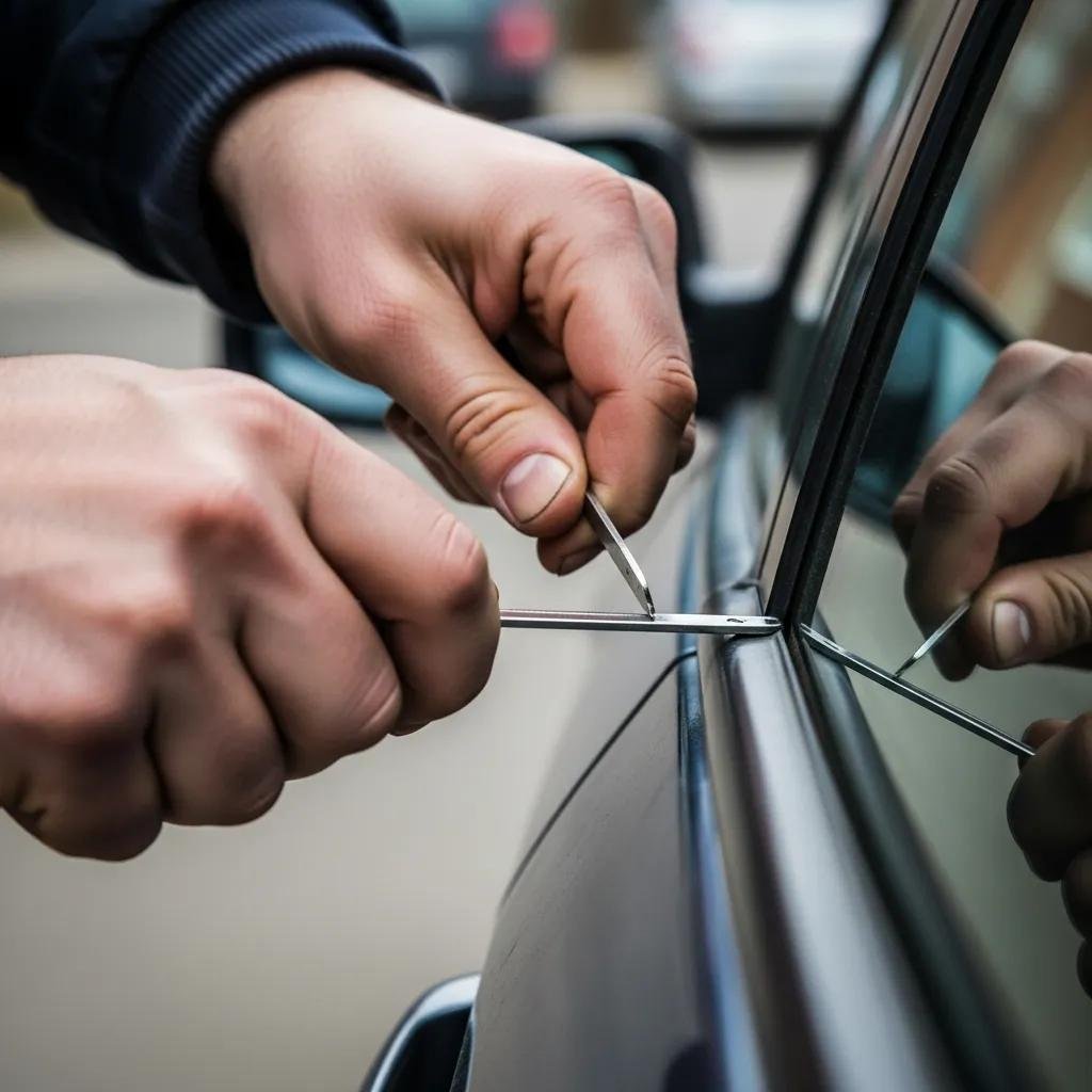 Locksmith using a slim jim to unlock a car door in an emergency situation