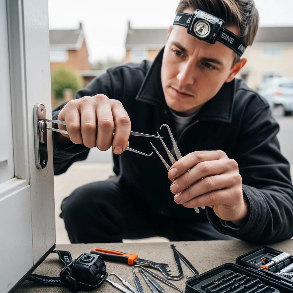 Locksmith using non-destructive techniques to unlock a door
