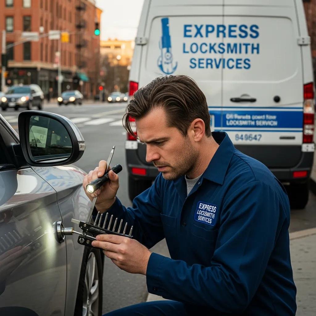 Mobile locksmith assisting with car lockout services in an urban environment