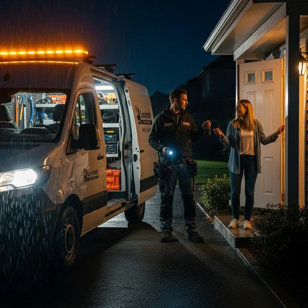 Mobile locksmith providing 24-hour emergency service to a customer at night