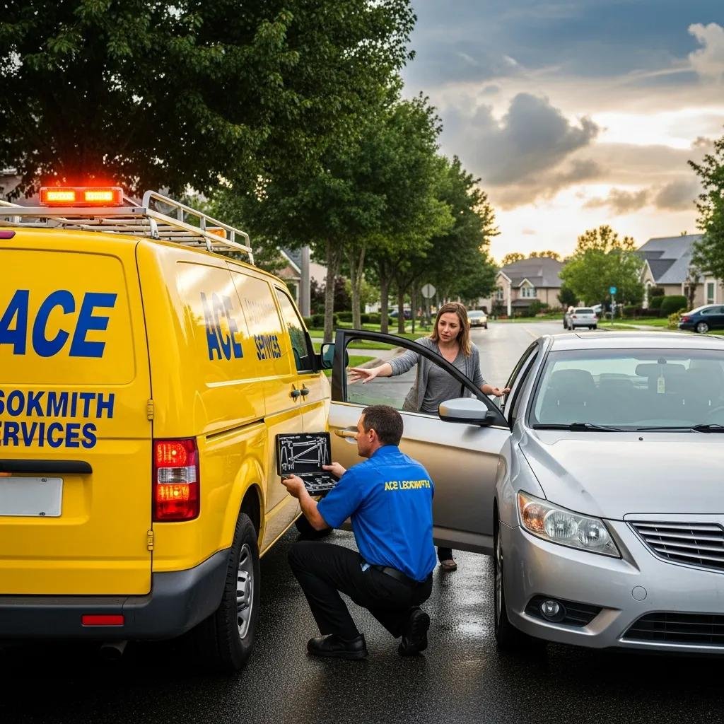Mobile locksmith van assisting a distressed driver, illustrating quick emergency response services