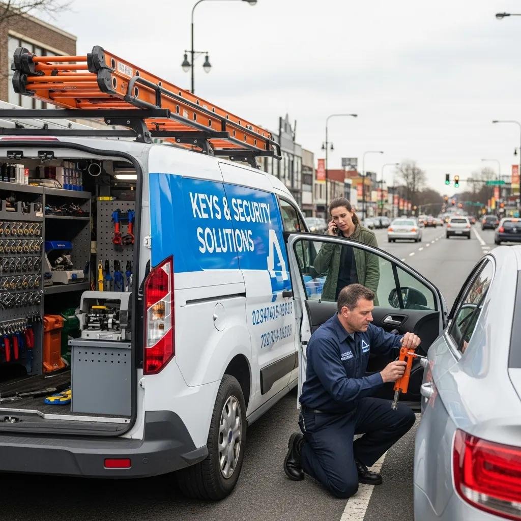 Mobile locksmith van assisting a driver in an emergency car lockout situation