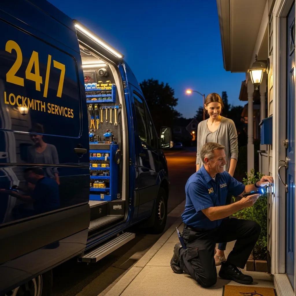 Mobile locksmith van providing 24/7 auto lockout services in a residential neighborhood