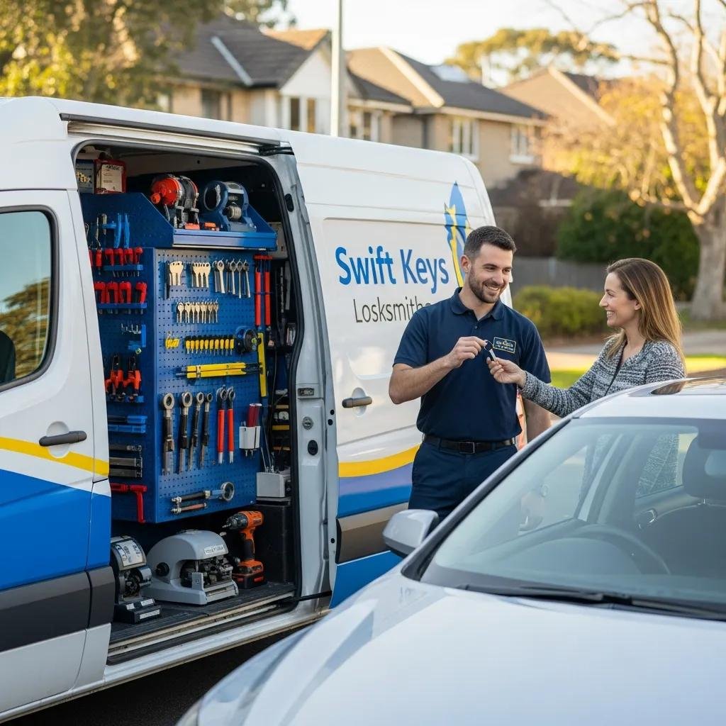 Mobile locksmith van providing fast car key replacement service in a residential area