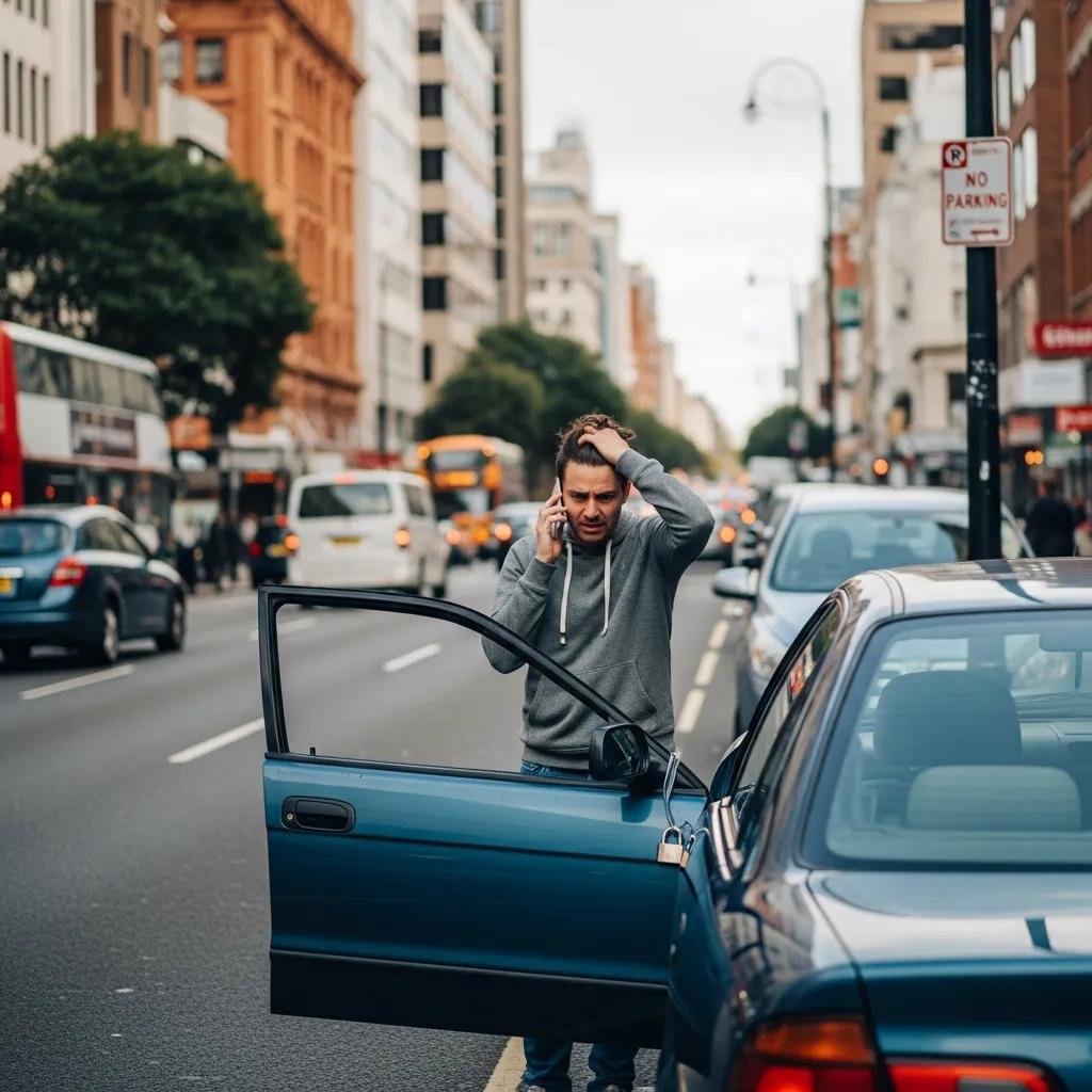 Person experiencing a car lockout, calling for emergency locksmith services