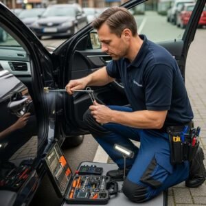 Professional auto locksmith unlocking a car door with specialized tools