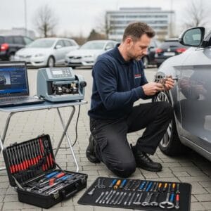 Professional auto locksmith using tools to unlock a car door, emphasizing expertise and urgency