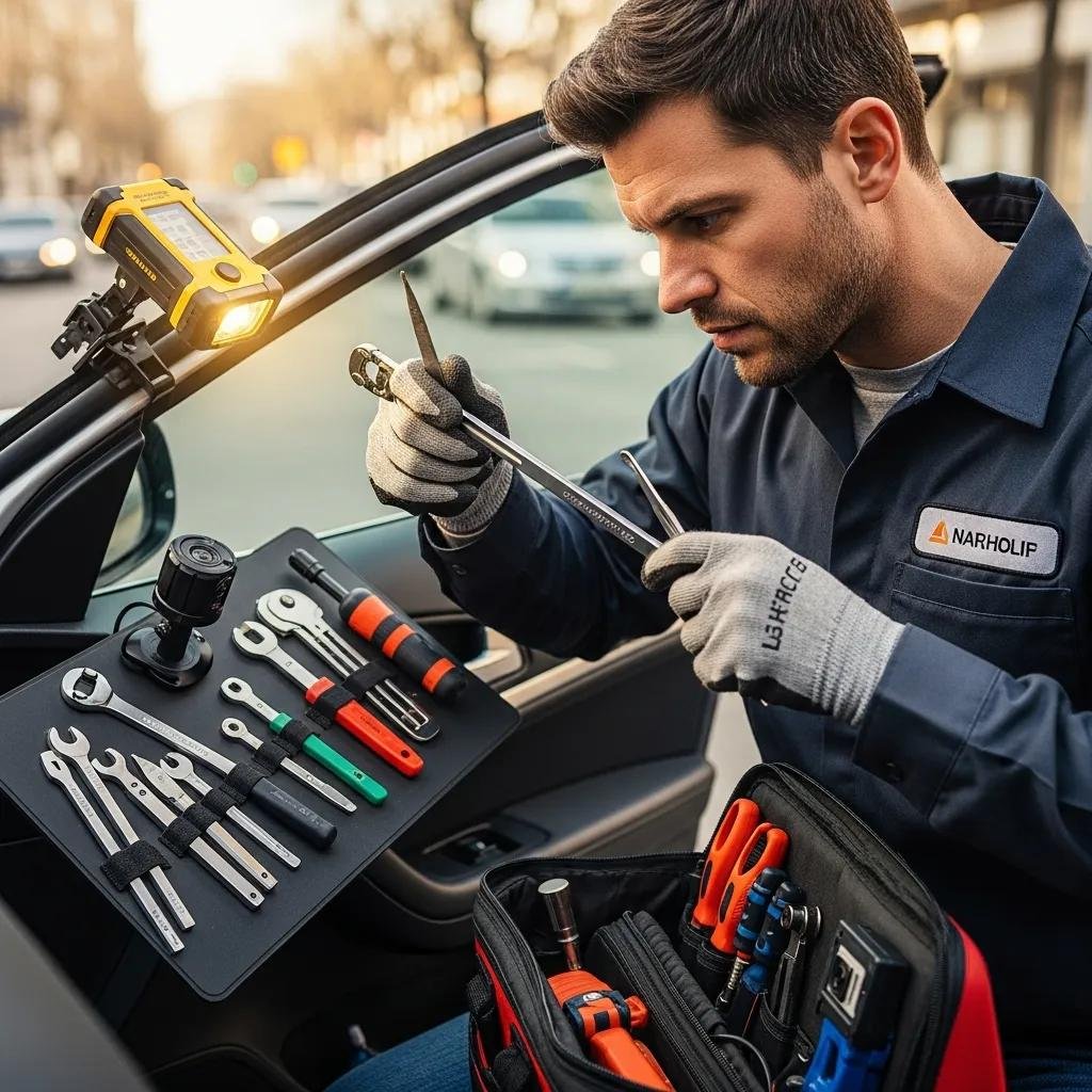 Professional locksmith unlocking a car door with tools in a city setting