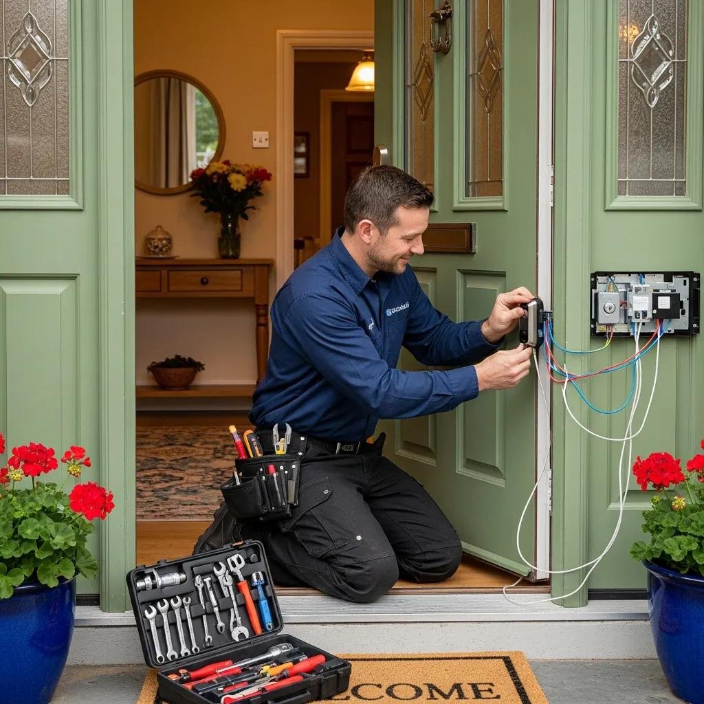Residential locksmith installing a smart lock on a Charlotte front door
