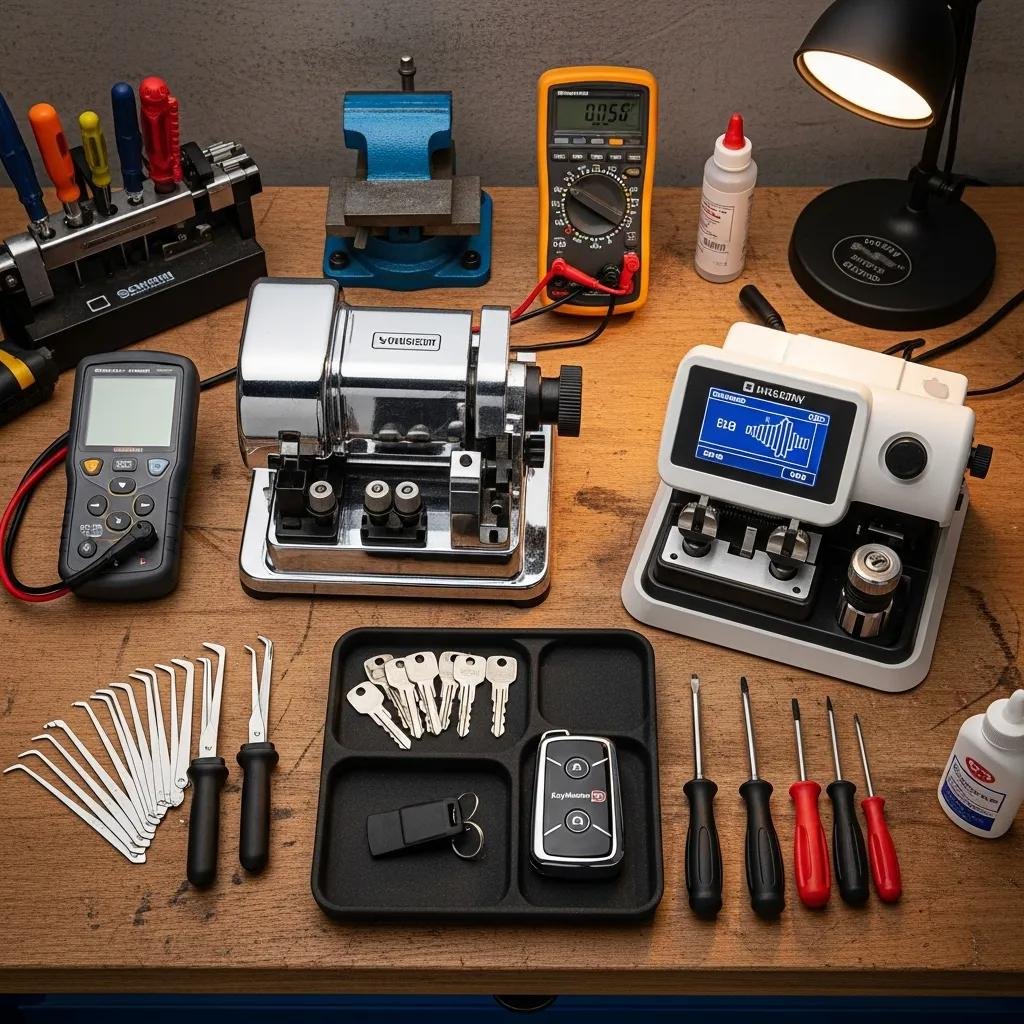 Automotive locksmith tools for key cutting and programming used on-site in Charlotte