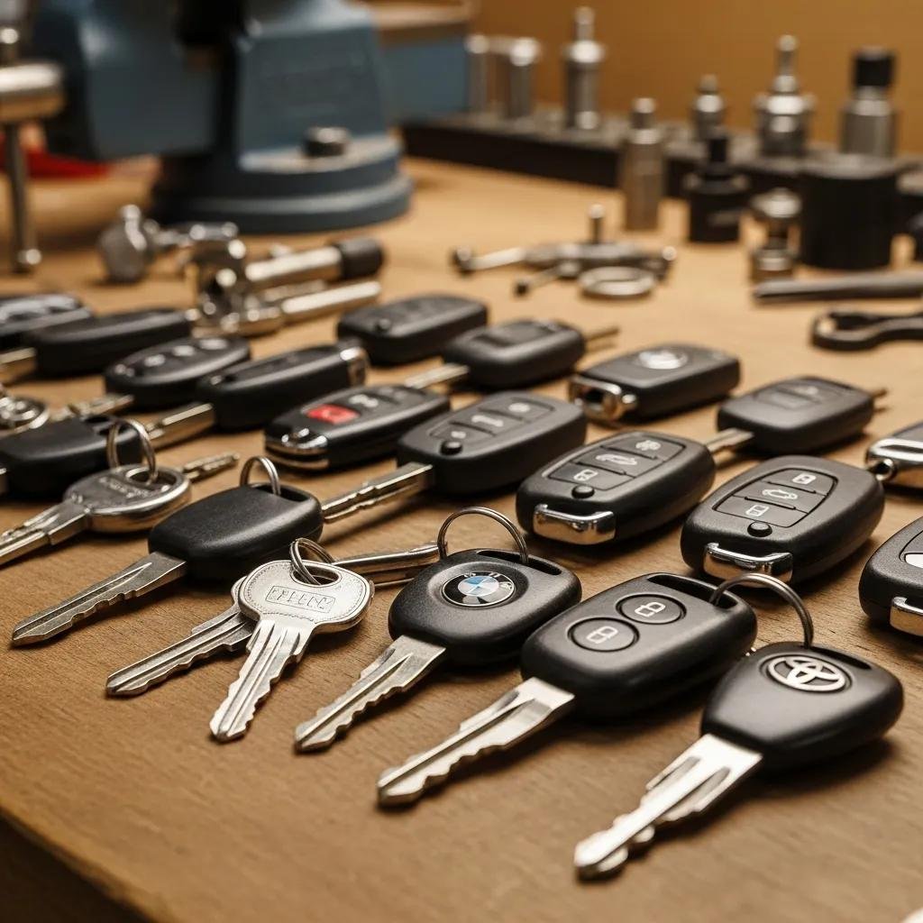 Variety of car keys including traditional, transponder, and key fobs for replacement