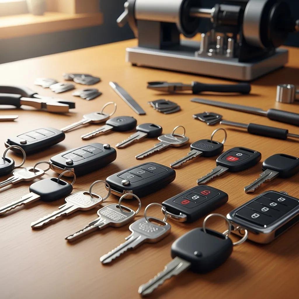 Variety of car keys including traditional, transponder, and smart keys