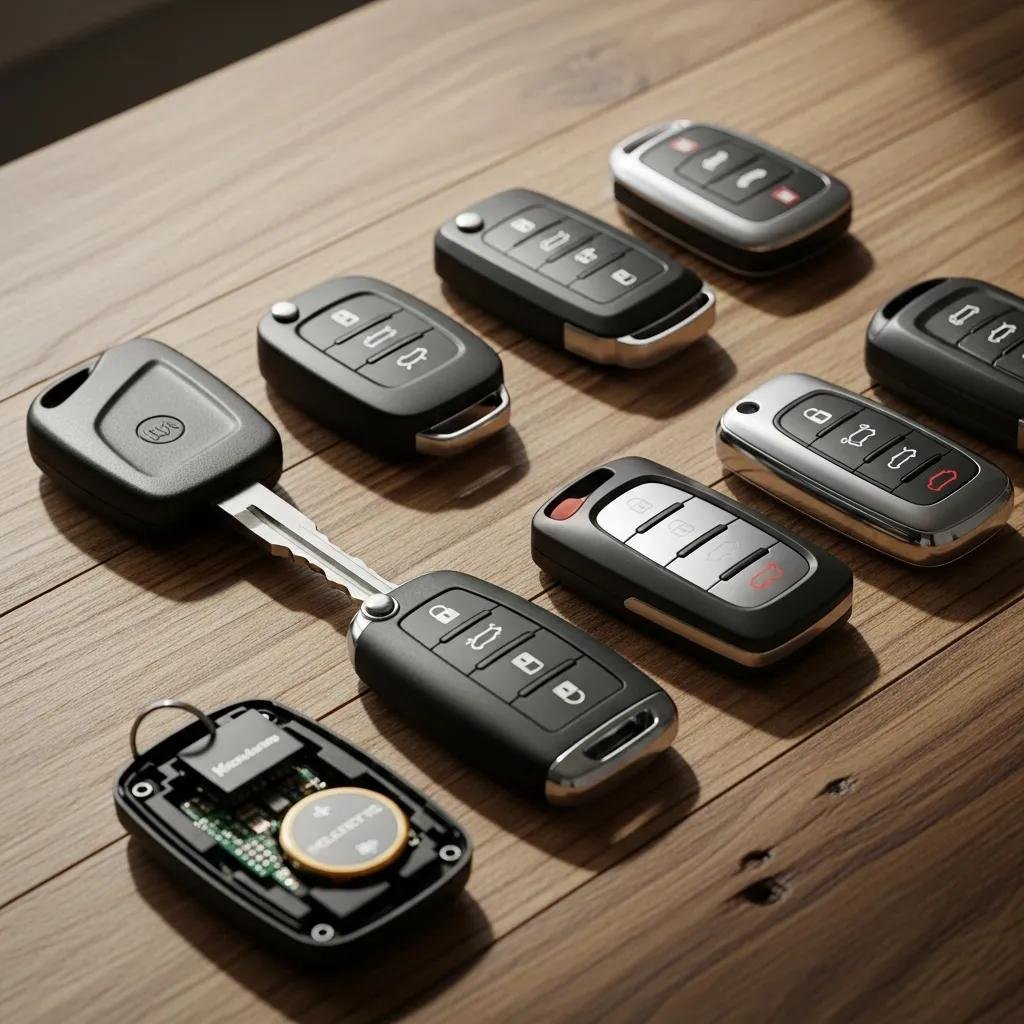 Variety of modern car keys including transponder and smart key fob, showcasing replacement options