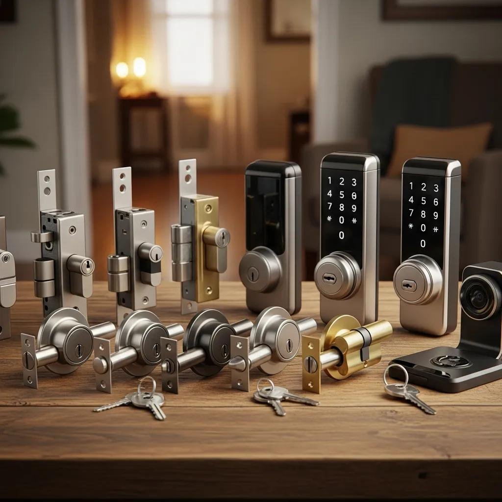 Variety of residential locks including deadbolts and electronic locks for installation