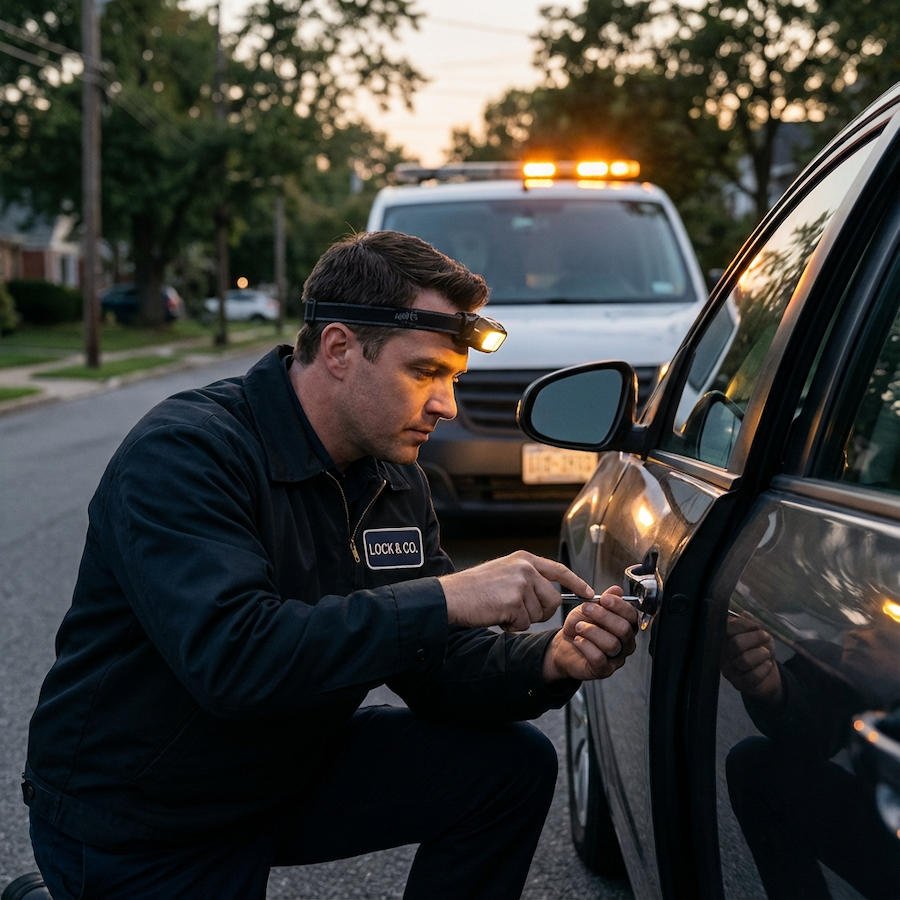 A technician using a flashlight to unlock a car door in a suburban setting.