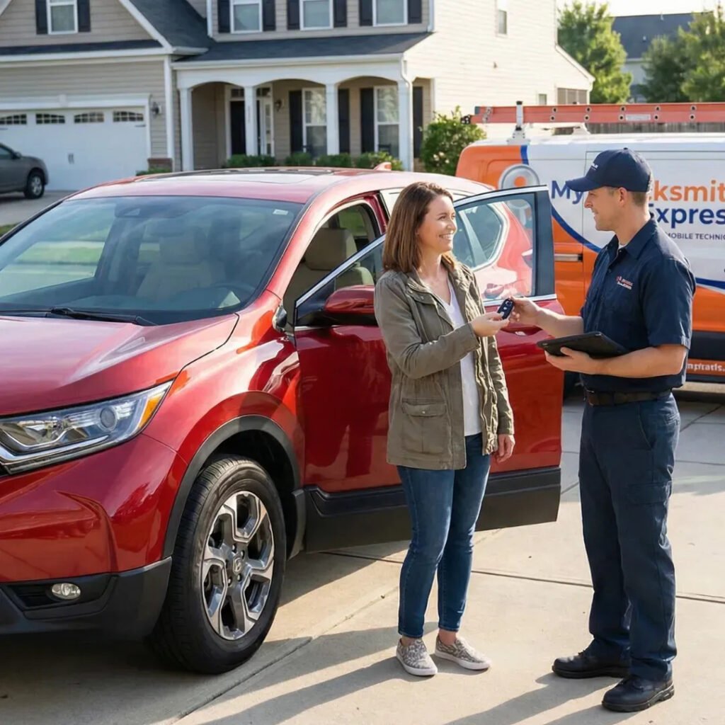 Locksmith cutting a new car key at a workbench, illustrating the key replacement process