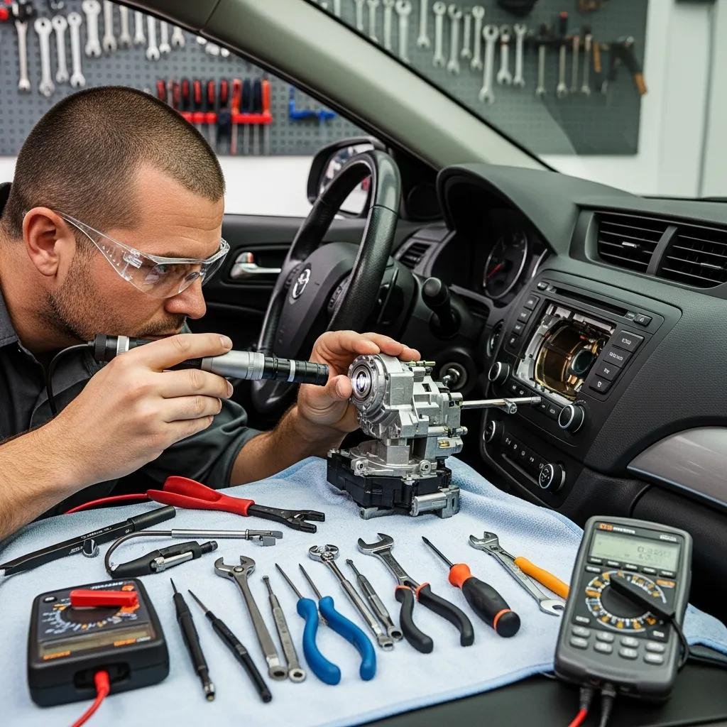 Automotive locksmith examining a car ignition system, demonstrating ignition repair services