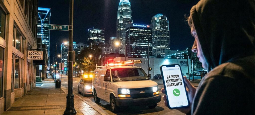 Locksmith using a slim jim tool to unlock a car door, illustrating emergency lockout services